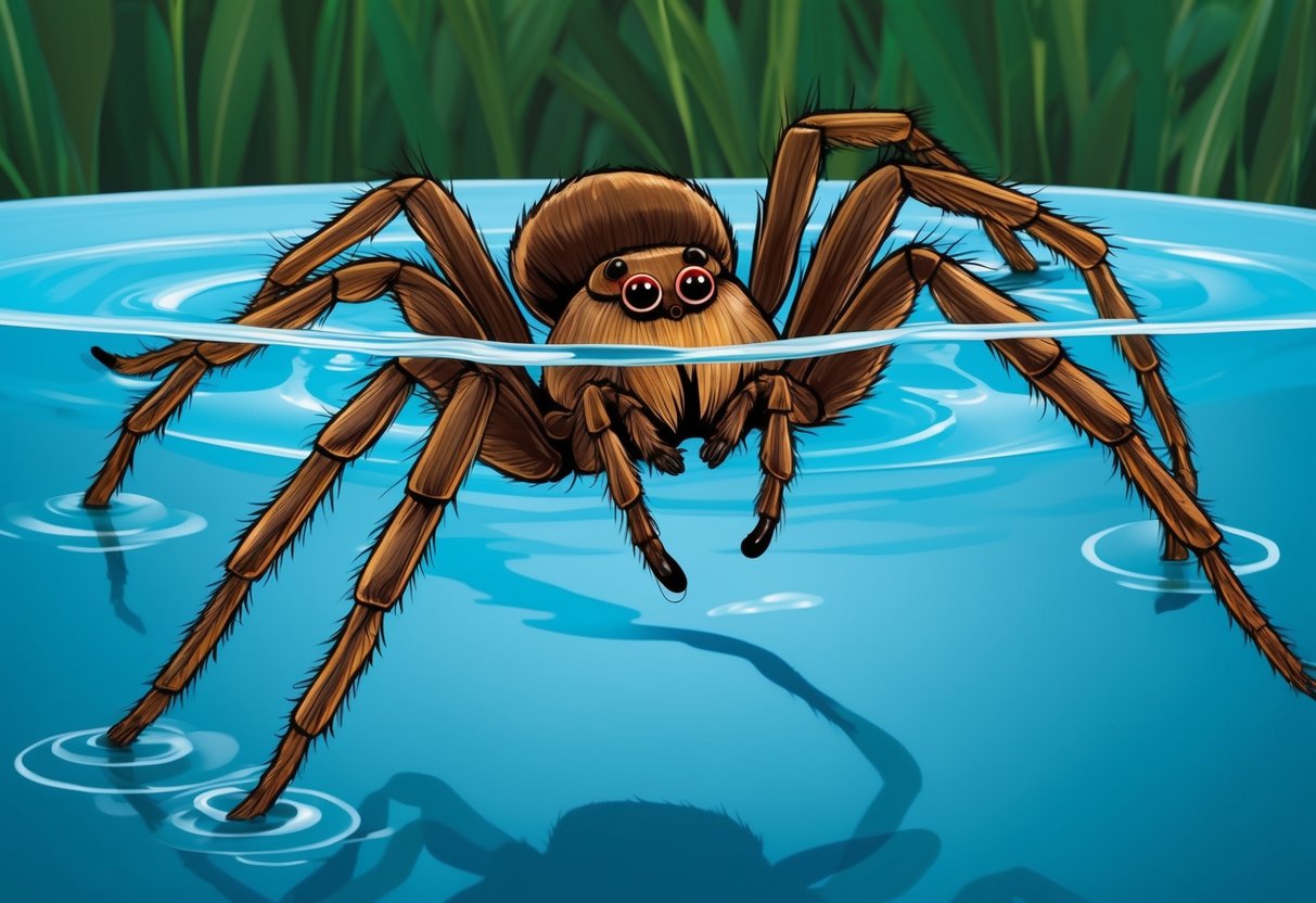 A spider struggles in a pool of water, its legs flailing as it tries to stay afloat