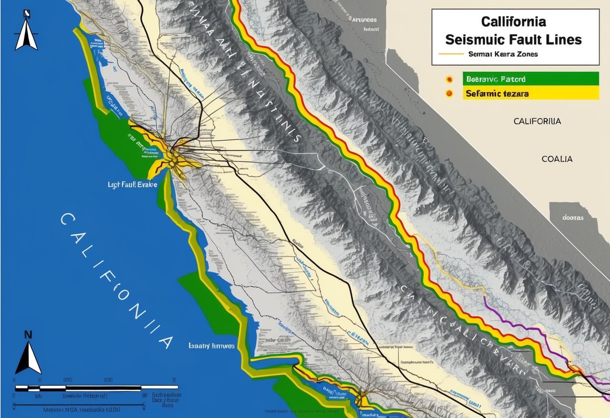 A detailed map of California's fault lines, with seismic hazard zones highlighted in different colors, surrounded by mountains and coastal areas