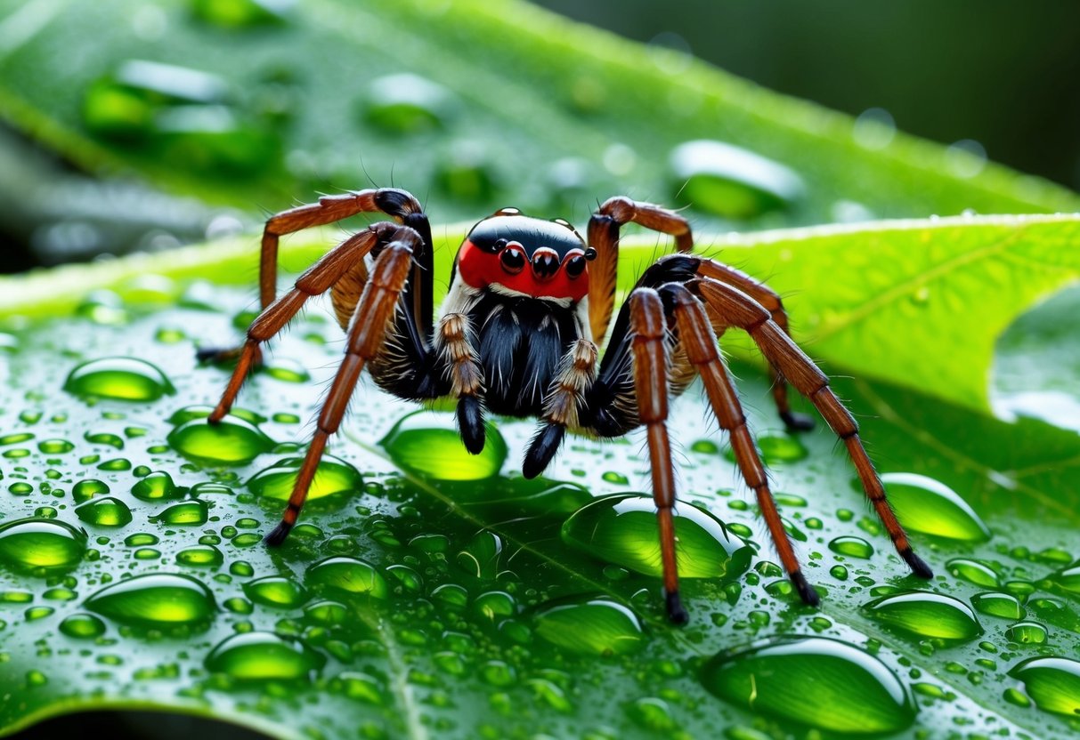 A spider clinging to a wet leaf, surrounded by droplets of water