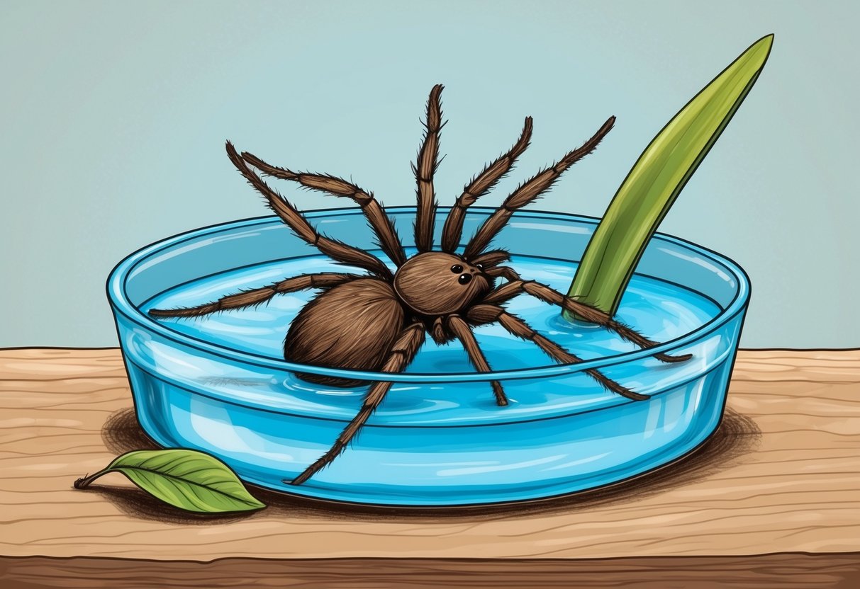 A spider is placed in a small container of water, struggling to stay afloat.</p><p>A small stick or leaf is nearby to provide an escape route