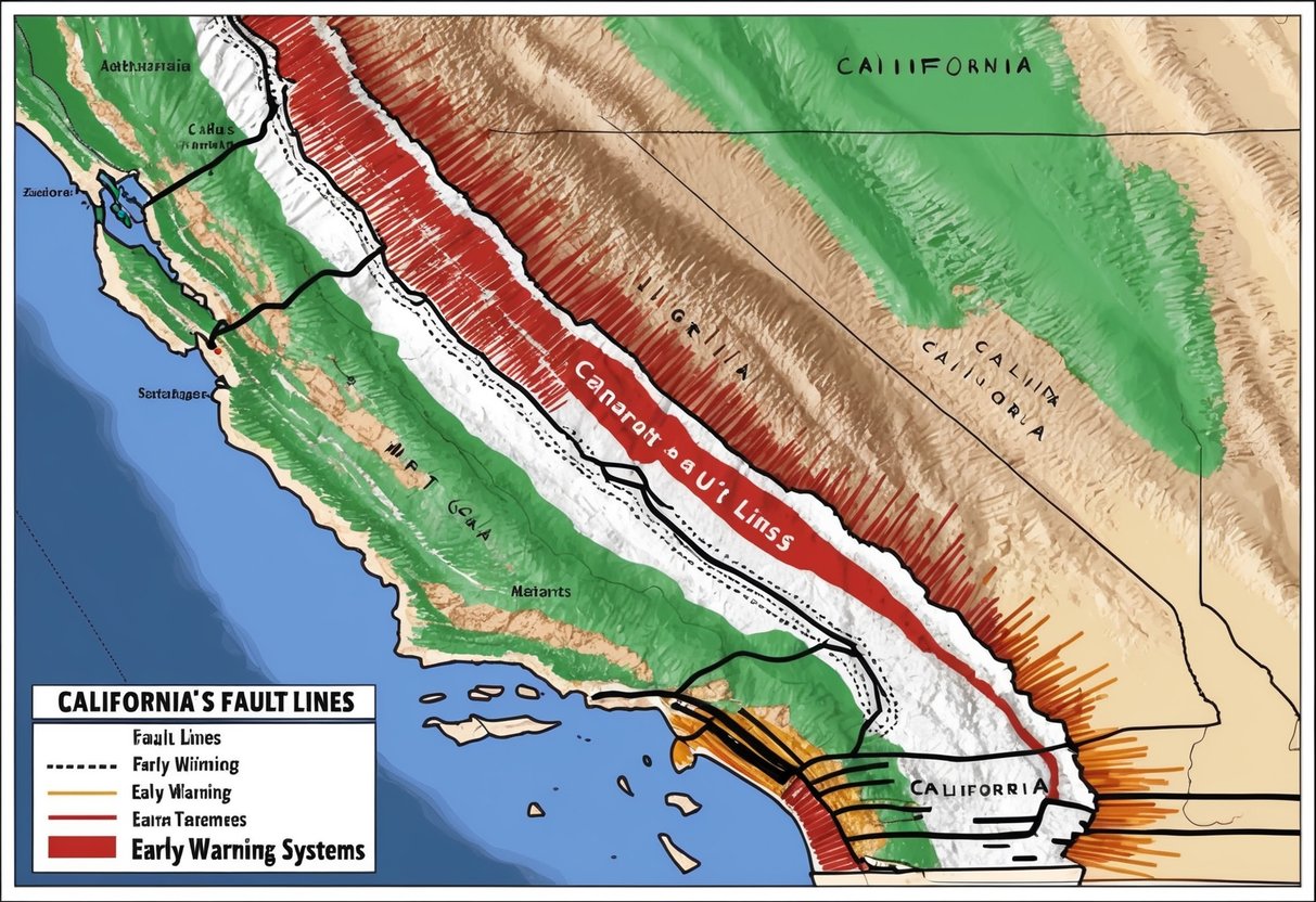 A map of California's fault lines with highlighted early warning systems