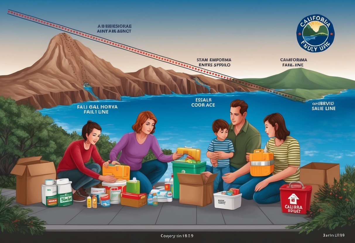 A family gathers emergency supplies near a California fault line map