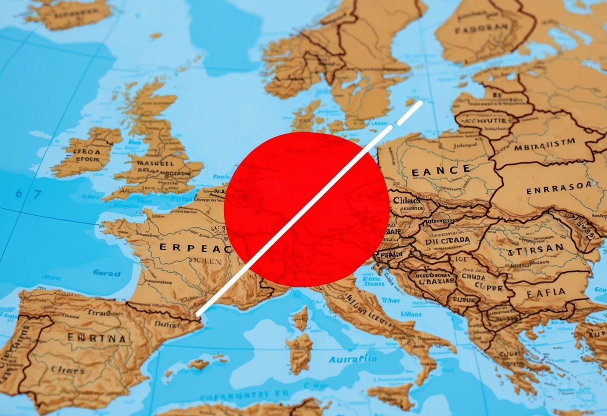 A red circle with a line crossing through it, overlaid on a map of Europe