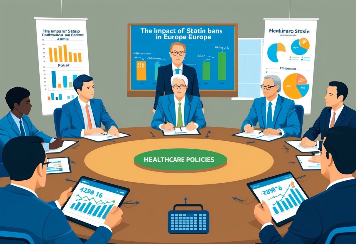 A group of people in suits discussing in a conference room, with charts and graphs showing the impact of statin bans in Europe on healthcare policies