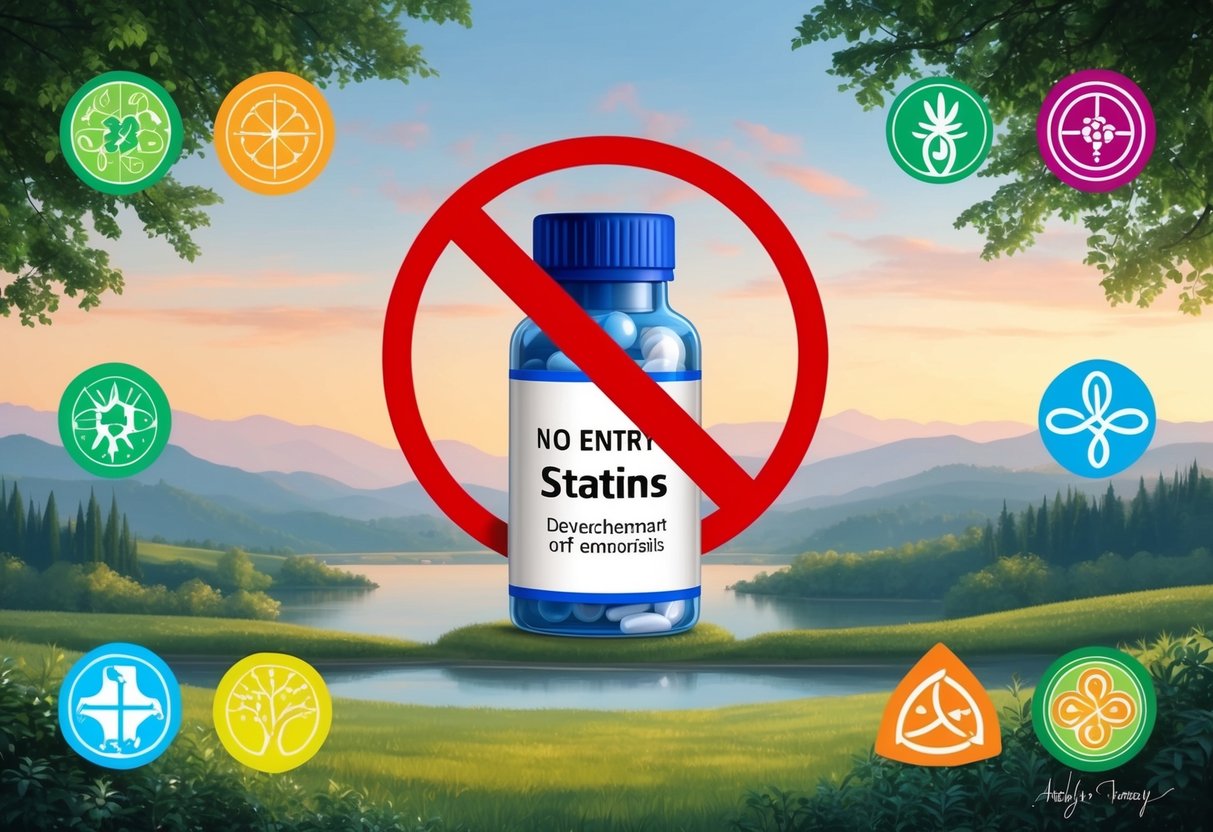 A serene European landscape with a red "no entry" sign over a bottle of statins, surrounded by vibrant alternative therapy symbols