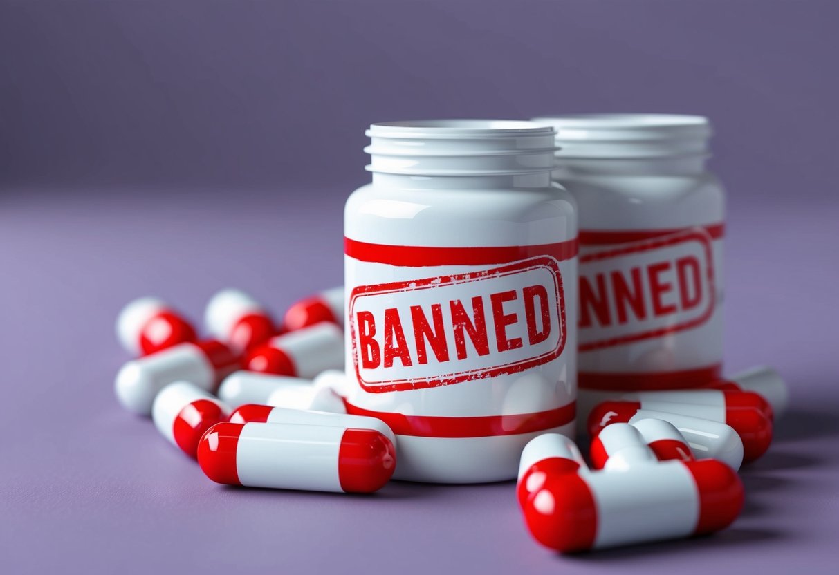 A stack of pill bottles with a red "banned" stamp on them