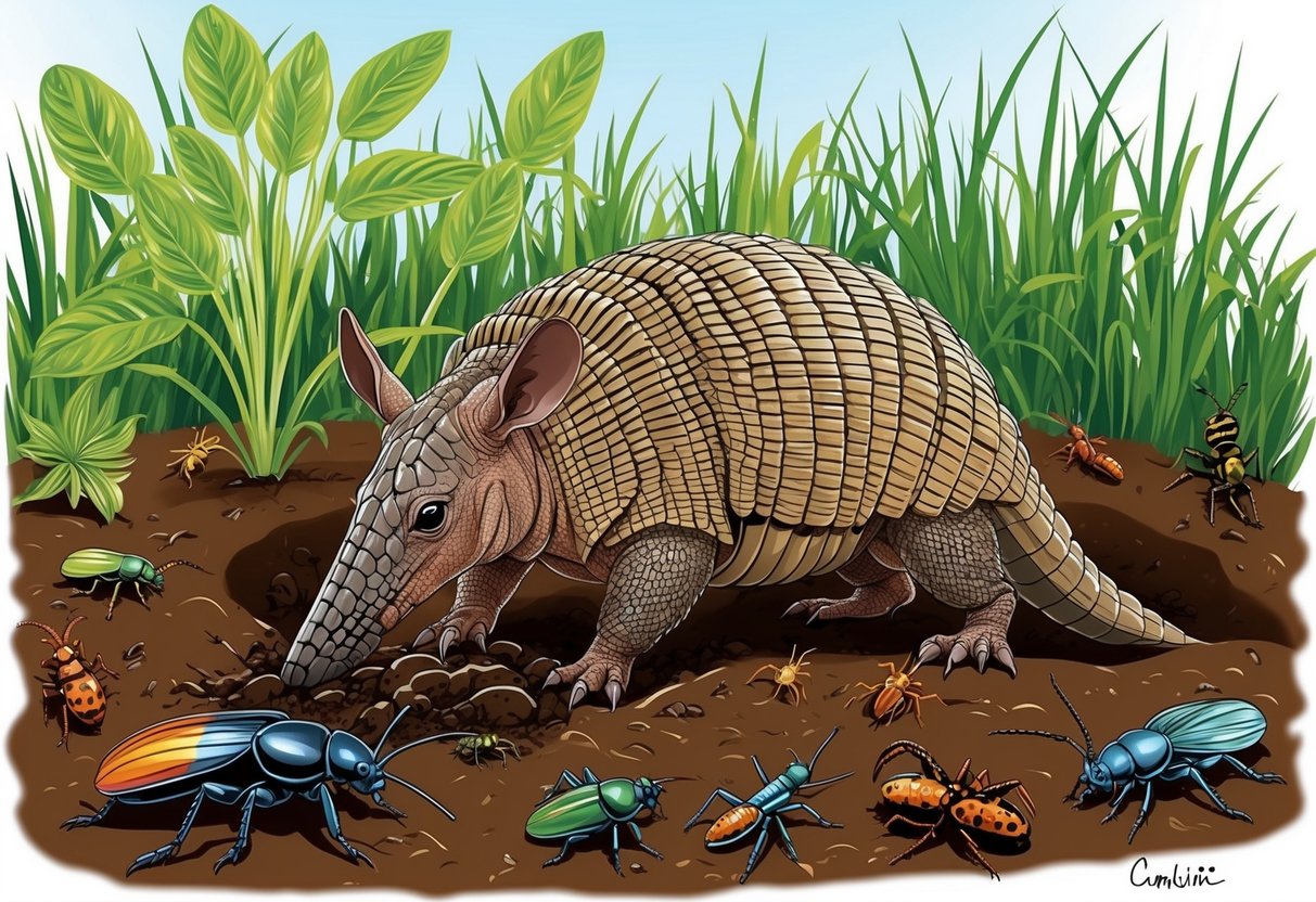 An armadillo digging in the dirt, surrounded by various insects and plants