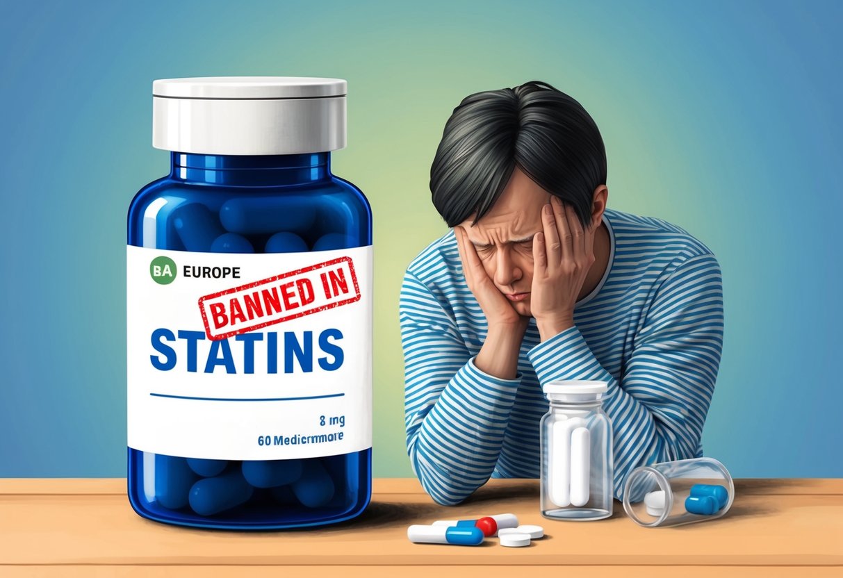 A medicine bottle labeled "statins" with a red "banned in Europe" stamp.</p><p>Nearby, a person looks sick and uncomfortable