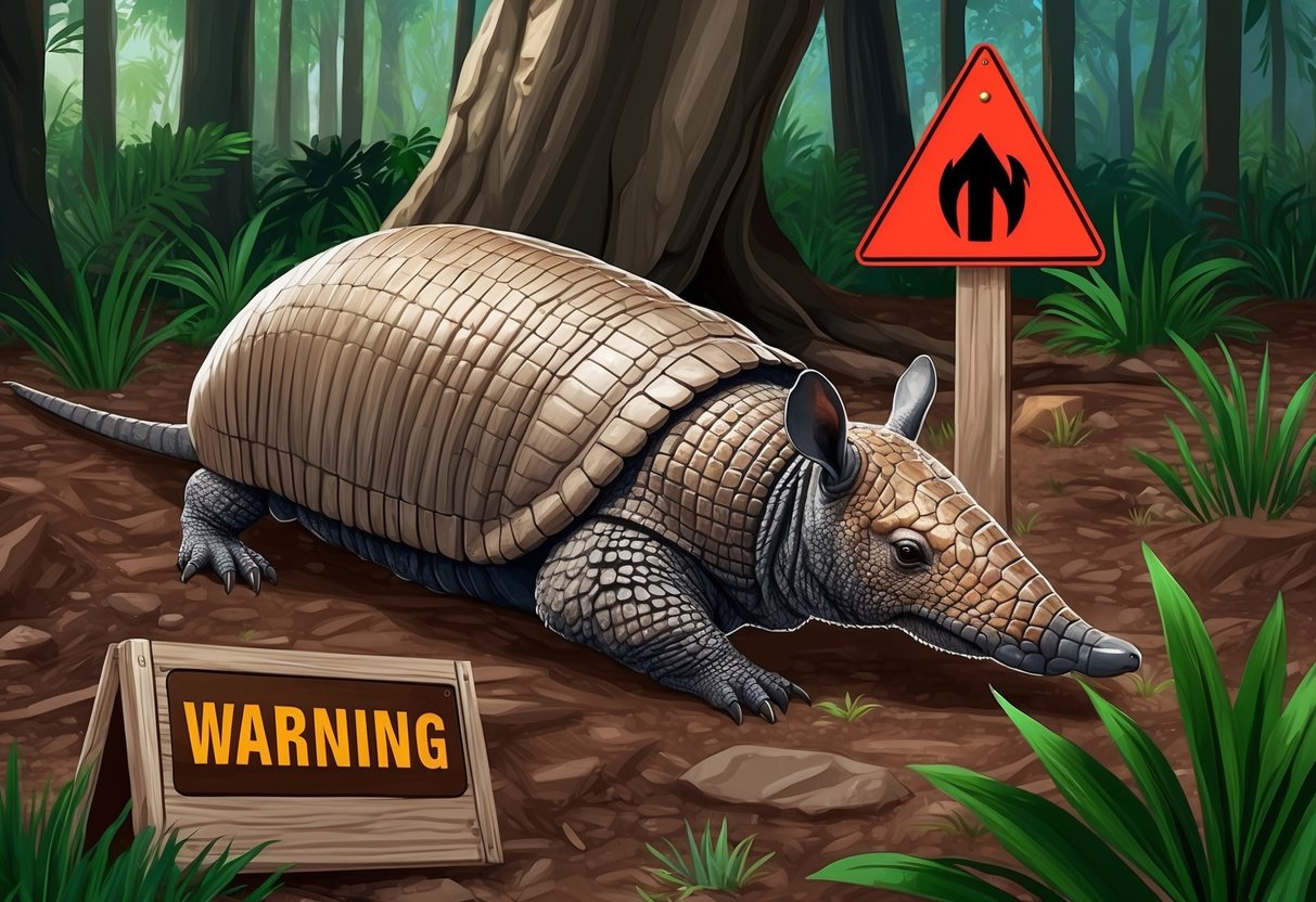 An armadillo lying on the forest floor with a warning sign nearby