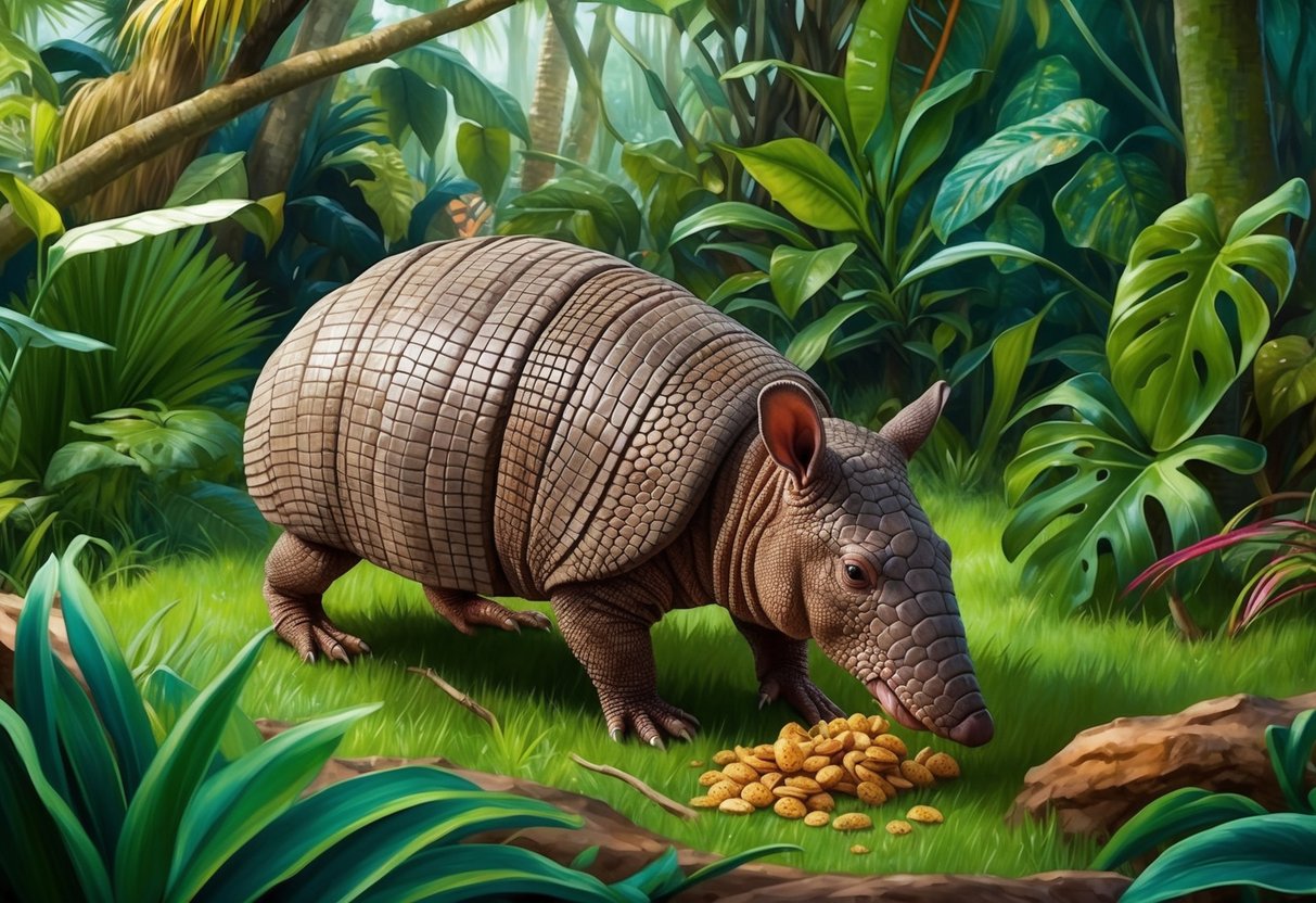 An armadillo foraging for food in a lush, tropical forest, surrounded by vibrant vegetation and other wildlife