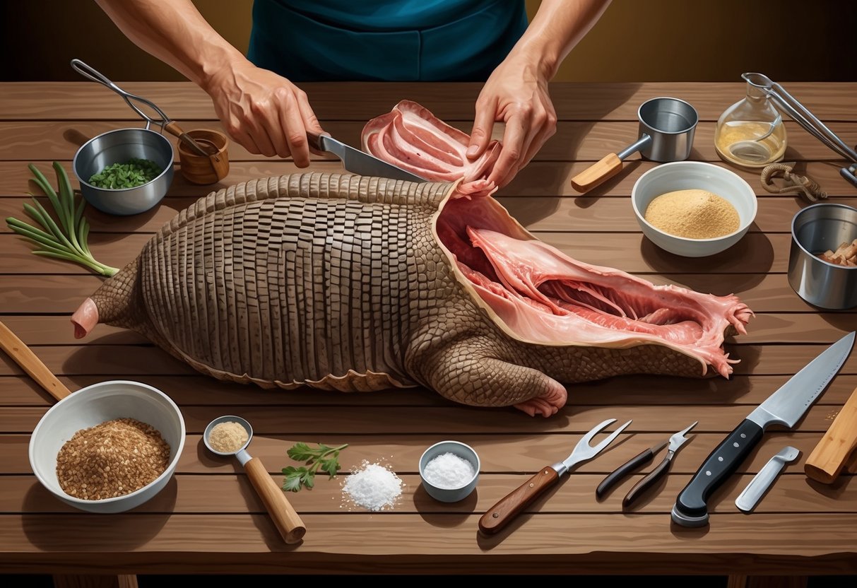 An armadillo carcass lies on a wooden table, surrounded by various tools and ingredients.</p><p>A person is seen preparing the meat for consumption