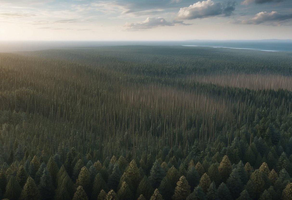 A vast forest being rapidly and indiscriminately cleared, leaving behind a barren landscape