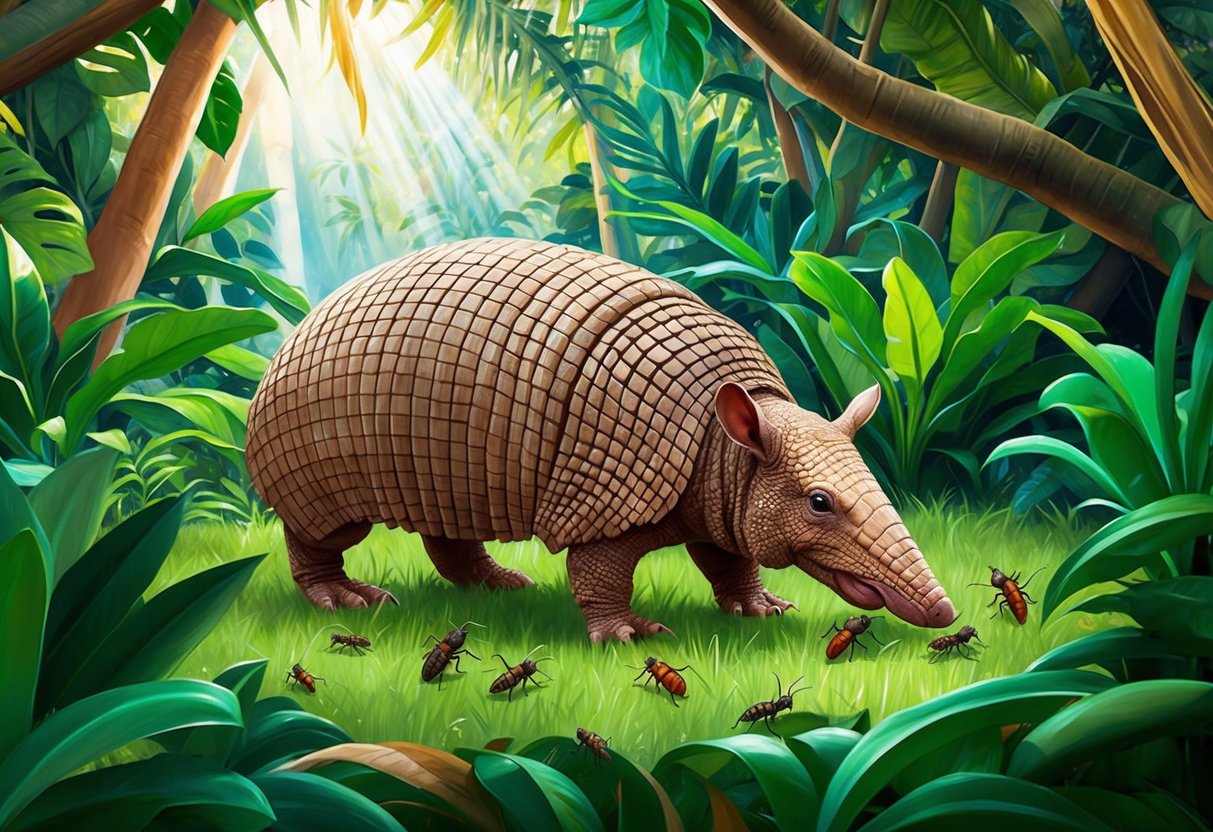 An armadillo foraging for insects in a lush, tropical forest, surrounded by vibrant foliage and sunlight streaming through the canopy