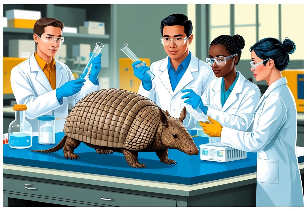 An armadillo being studied in a laboratory setting, surrounded by scientific equipment and researchers in white lab coats