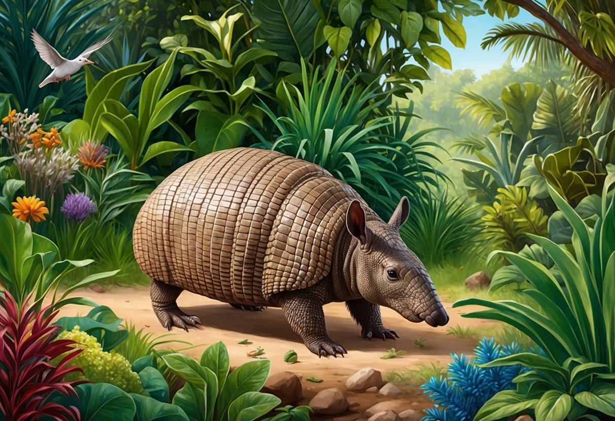 An armadillo peacefully foraging in a lush, natural setting, surrounded by diverse flora and fauna