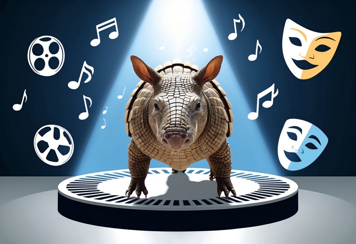 An armadillo standing in a spotlight, surrounded by iconic symbols of popular culture such as movie reels, music notes, and theater masks