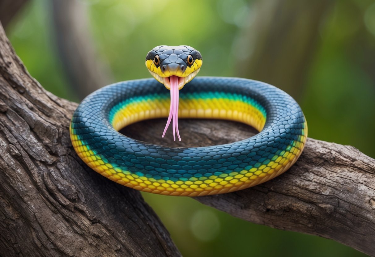 A small, colorful snake coils around a tree branch, its tongue flicking out as it gazes curiously at the viewer