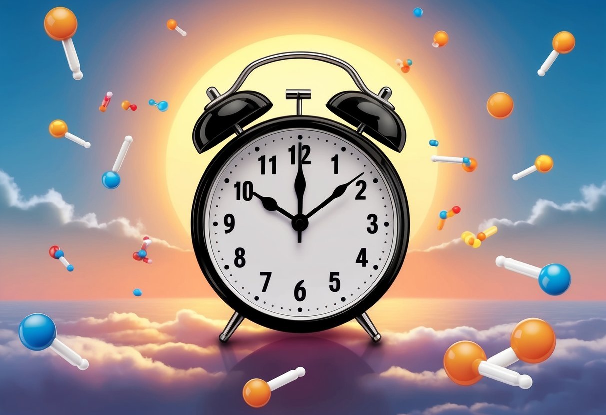 A clock showing the time at 6am with a sun rising in the background, surrounded by various hormone molecules floating in the air