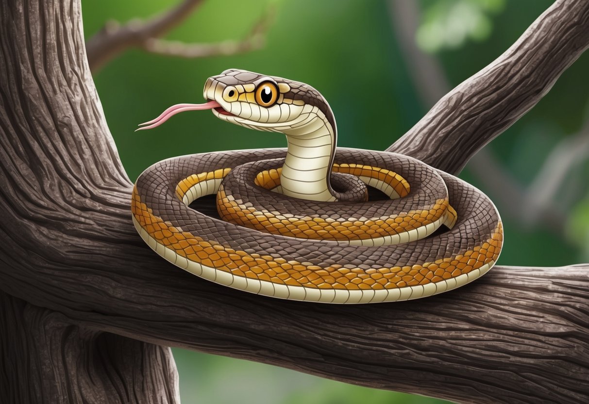 A cute snake coils around a tree branch, its bright eyes curiously observing its surroundings with a playful flick of its tongue