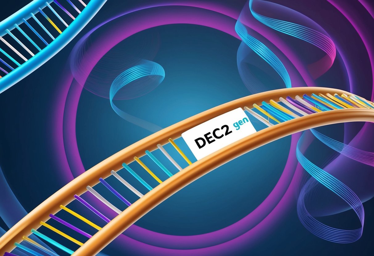 A DNA double helix with a highlighted section representing the Dec2 gene, surrounded by swirling patterns symbolizing sleep disorders