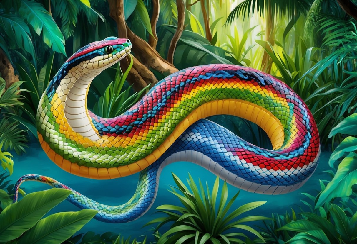 A colorful snake slithers through a vibrant jungle, morphing into different patterns and colors as it moves