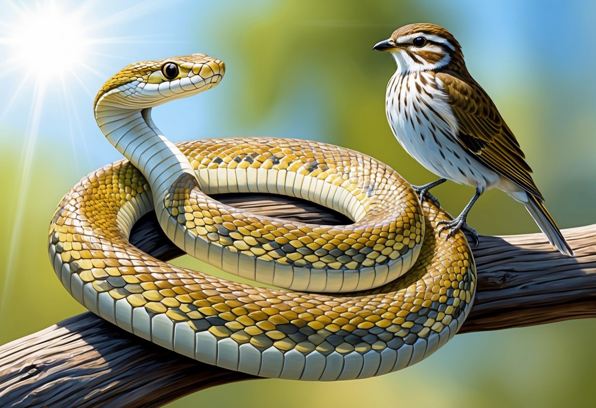 A snake coiled around a branch, its scales shimmering in the sunlight, with a small bird perched nearby, both creatures appearing peaceful and content