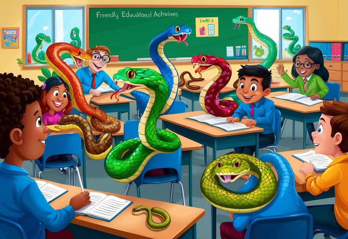 A group of colorful, friendly snakes slither around a classroom, engaging with students and assisting in educational activities