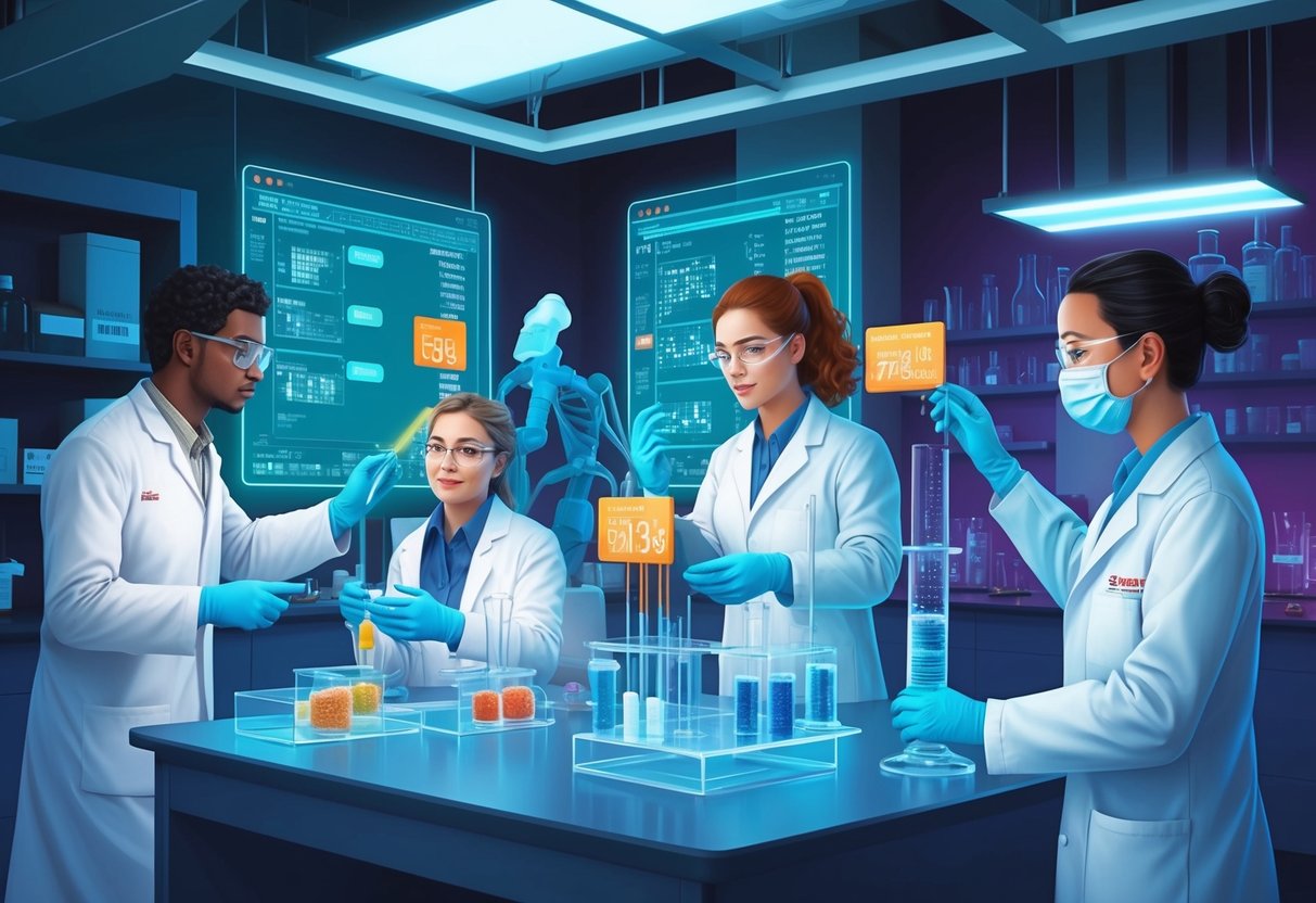 A laboratory setting with scientists analyzing genetic data and conducting experiments on test subjects