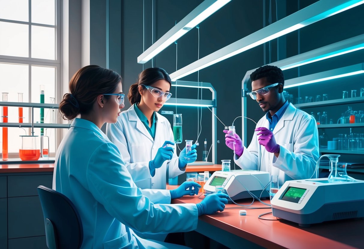 A laboratory with scientists conducting experiments on gene sequencing equipment