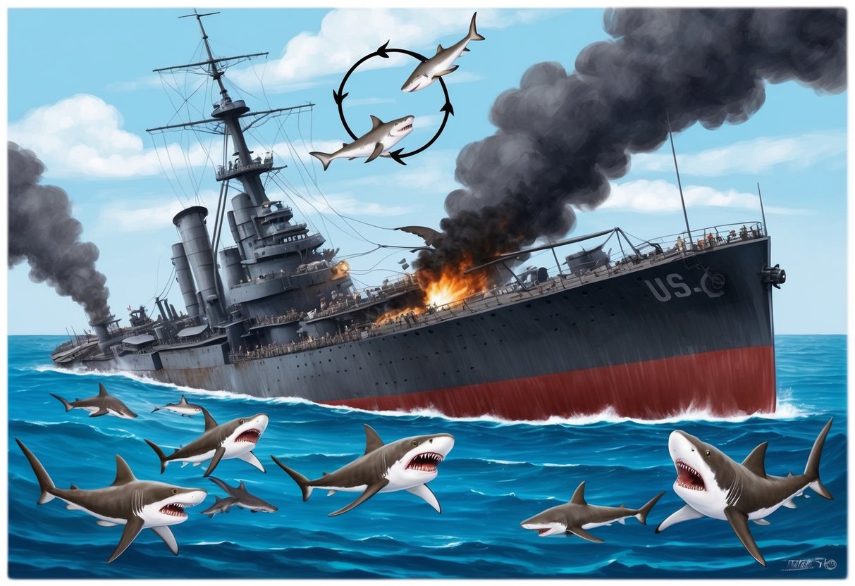 The USS Indianapolis sinking as sharks circle in the Pacific Ocean