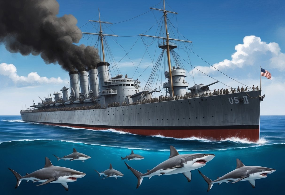 The USS Indianapolis sinking as sharks circle below