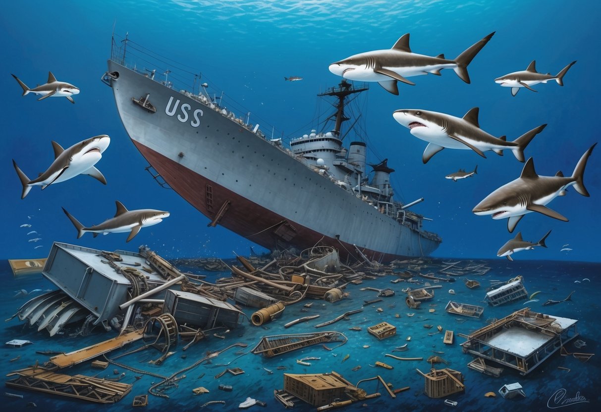 Debris from USS Indianapolis scattered on ocean floor, surrounded by circling sharks