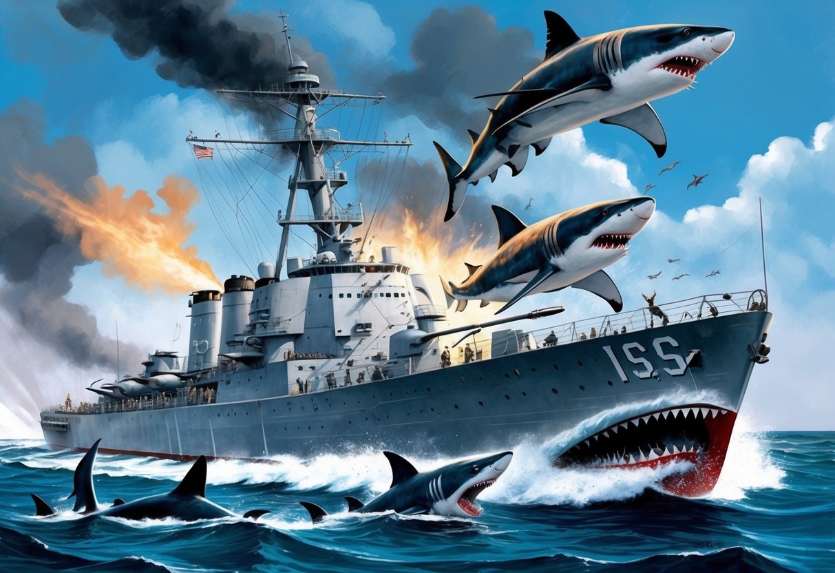 A dramatic illustration of the USS Indianapolis being attacked by sharks, evoking the impact on popular culture