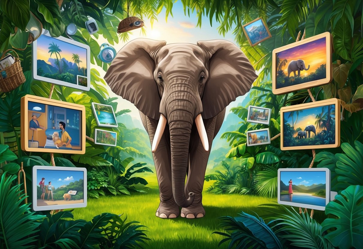 An elephant standing in a lush green jungle, surrounded by various objects and scenes representing memories and knowledge