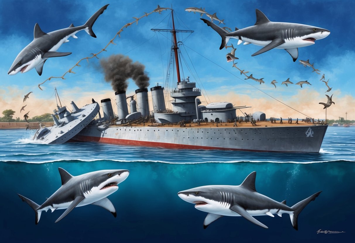 The USS Indianapolis sinking as sharks circle around, with a memorial in the background