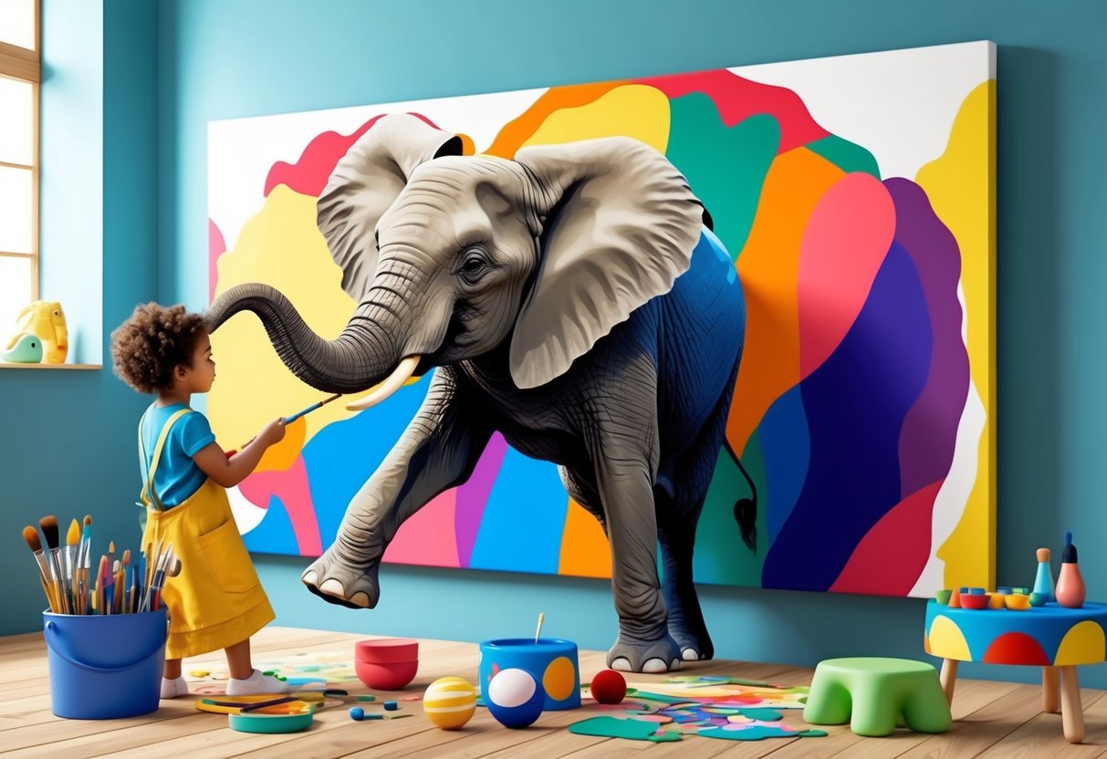 An elephant using its trunk to paint a colorful mural on a large canvas, surrounded by various art supplies and playful toys