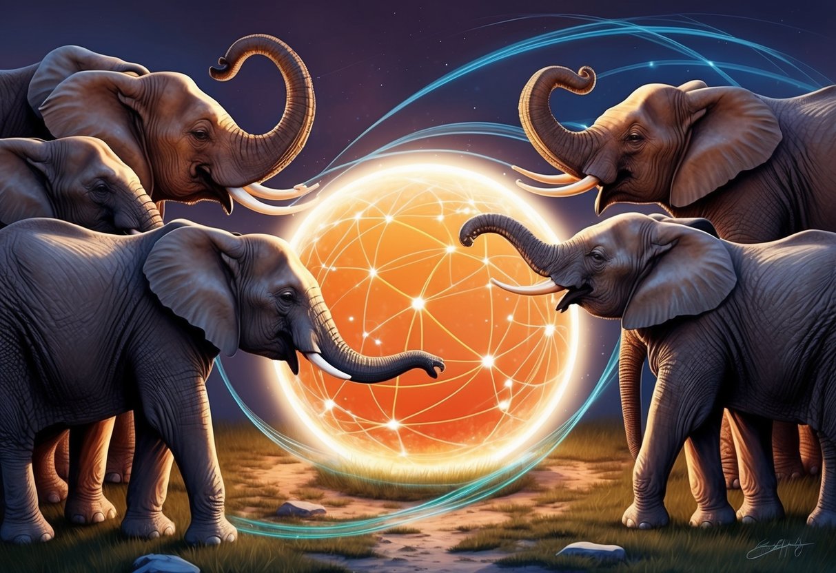 Elephants gather around a glowing orb, exchanging memories through a network of swirling light