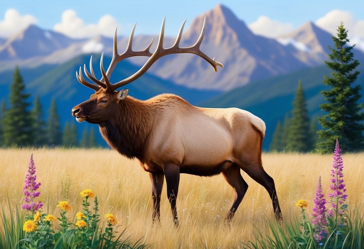 A majestic elk with large antlers standing in a clearing, surrounded by tall grass and vibrant wildflowers, with a mountainous backdrop