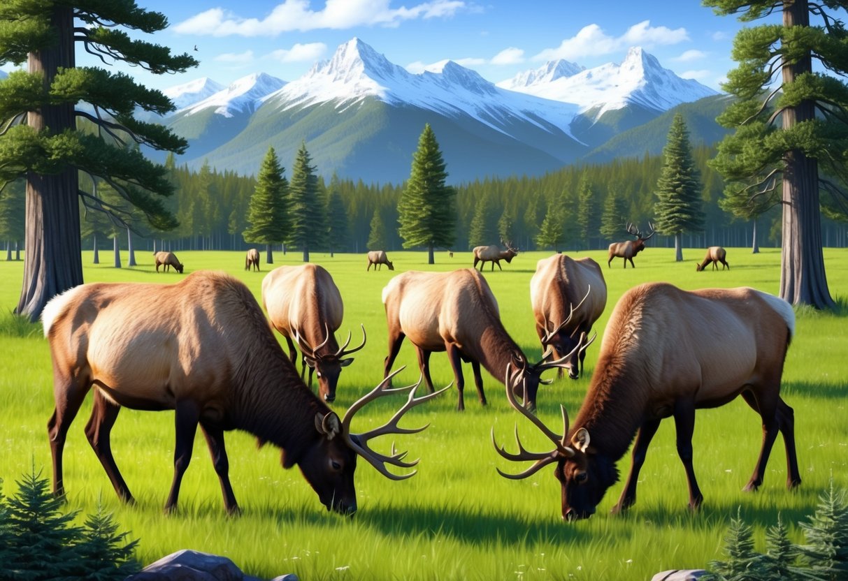 A group of elk grazing in a lush, green meadow surrounded by tall trees and snow-capped mountains in the distance