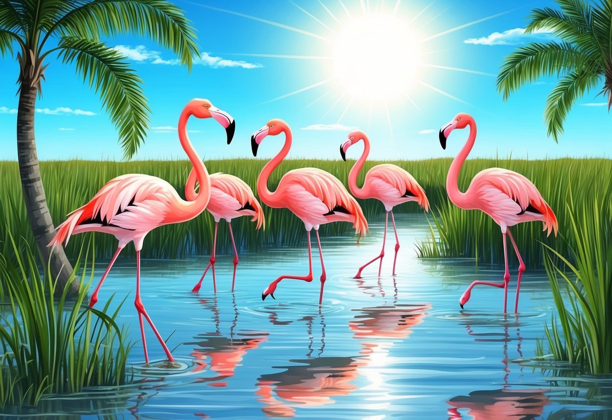 A group of flamingos wade through the shallow waters of a marsh, surrounded by tall grass and palm trees under the bright Florida sun