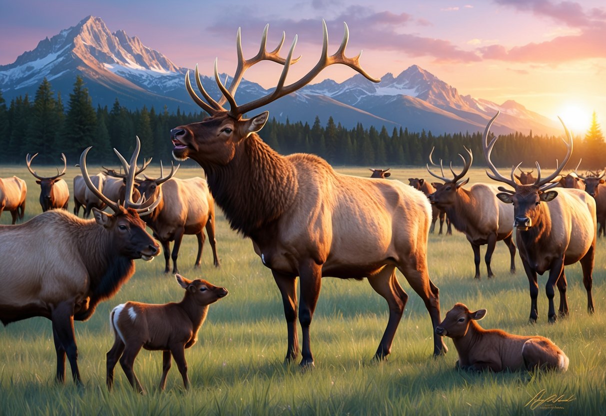 A bull elk bugling in a meadow, surrounded by a herd of cows and calves.</p><p>The sun is setting, casting a warm glow on the scene