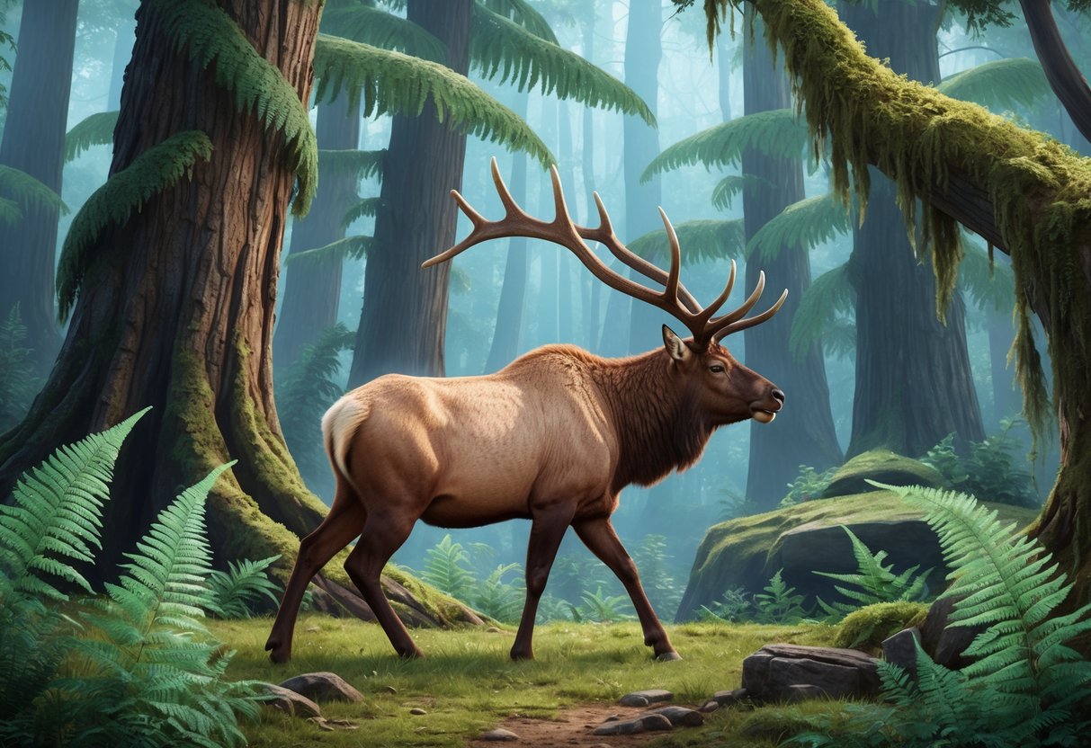 An elk in a prehistoric forest, surrounded by towering ferns and ancient trees