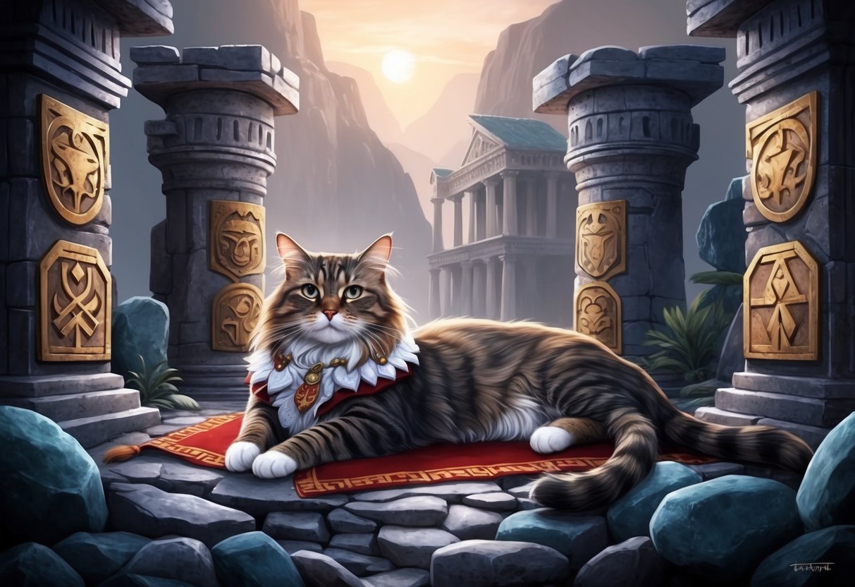 A regal Floppa cat lounges among ancient ruins, surrounded by symbols of its mysterious origin