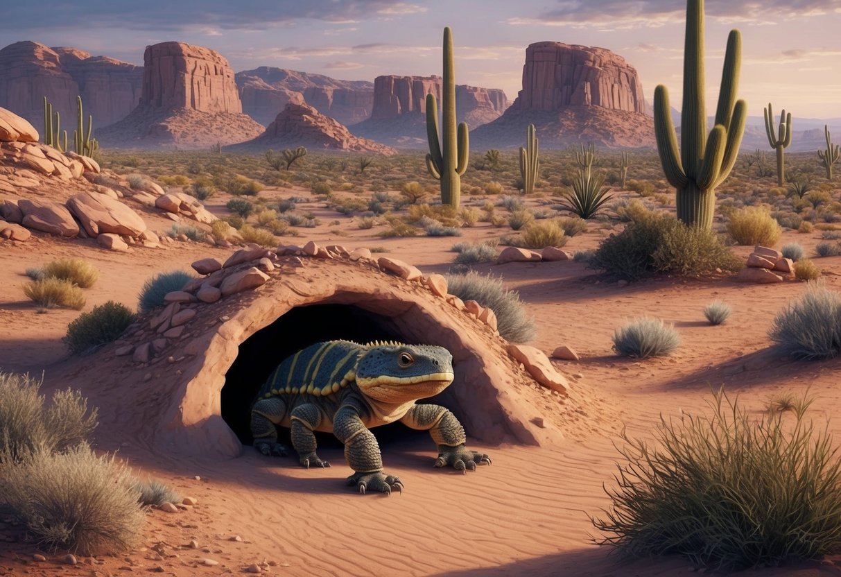 A desert landscape with rocky terrain and sparse vegetation, featuring a Gila monster crawling out from a burrow