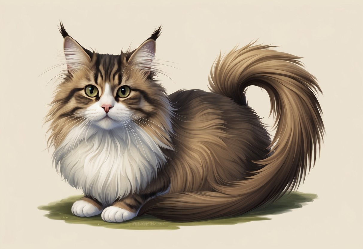 A fluffy, round-faced cat with large, droopy ears and a long, bushy tail