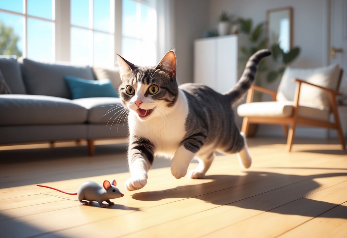 A playful Floppa cat chasing a toy mouse in a sunlit living room