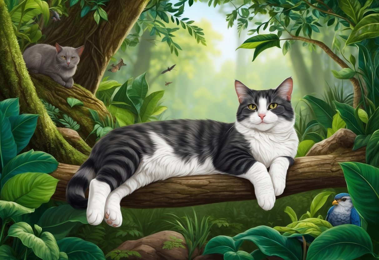 A floppa cat lounges in a lush green forest, surrounded by vibrant foliage and wildlife.</p><p>Its relaxed posture and content expression convey a sense of peace and harmony within its natural habitat