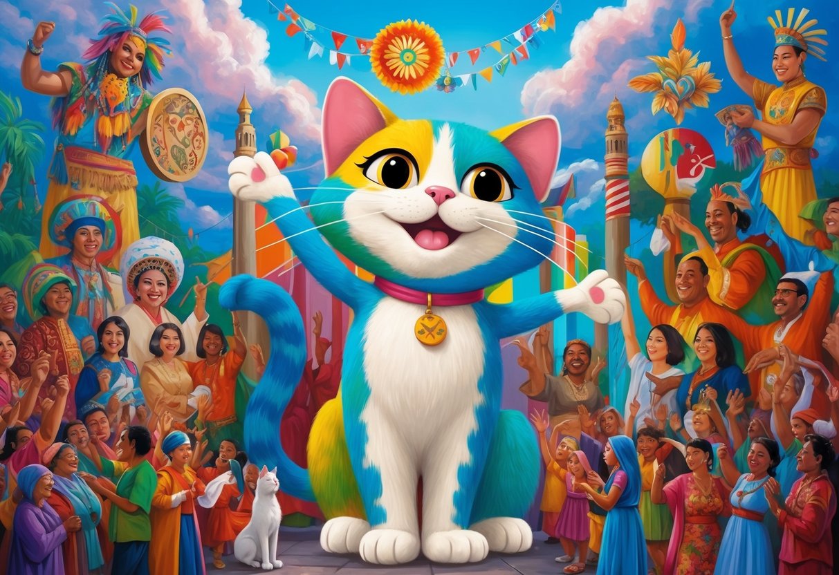 A colorful mural of Floppa the cat surrounded by diverse cultural symbols and people celebrating