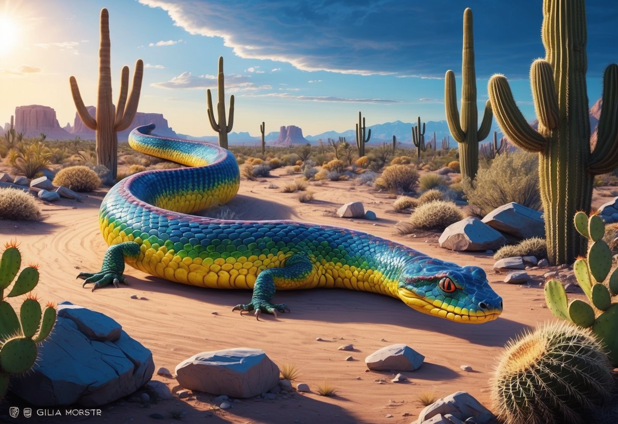 A Gila monster slithers through the desert, its colorful scales glistening in the sunlight as it hunts for prey among the cacti and rocks