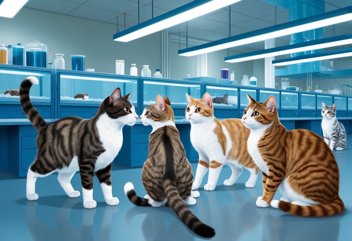 A group of floppa cats with various fur colors and patterns interacting in a spacious, well-lit breeding and genetics laboratory